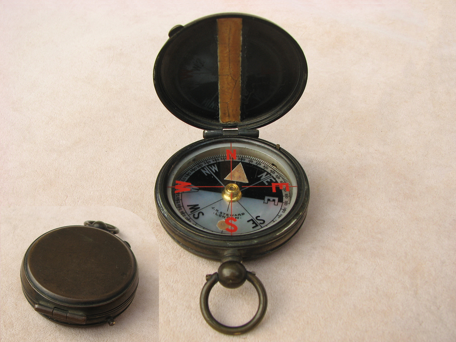 19th century Hunter cased pocket compass with red lettering signed J H Steward